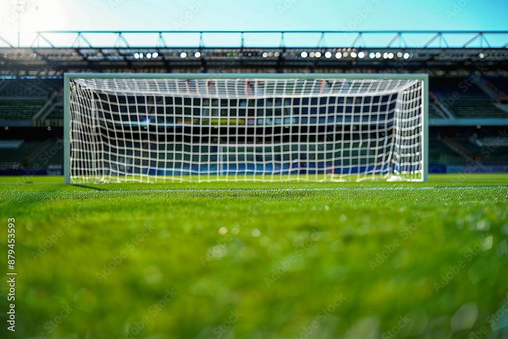 Empty football goal in the stadium, perfect for background or text and product promotion Empty football goal in the stadium, perfect for background or text and product promotion