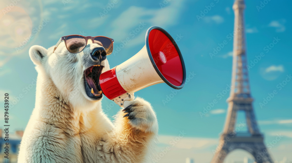 Fototapeta premium cute polar bear holding a megaphone. screaming, 