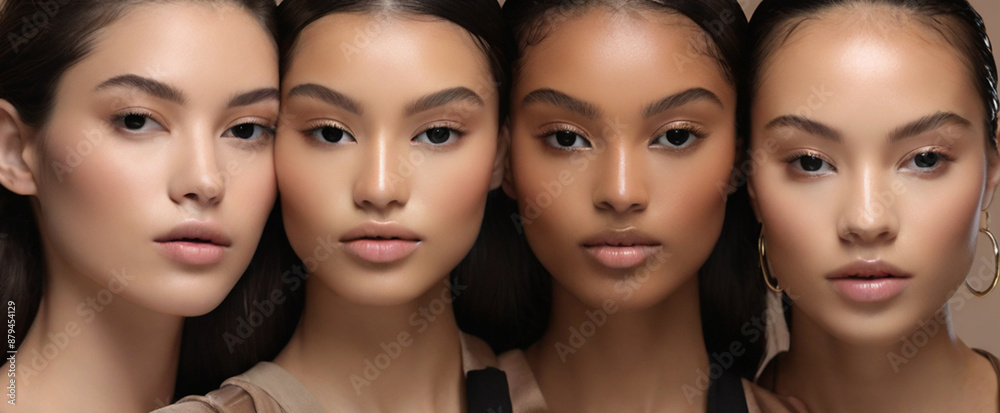 Fototapeta premium Portrait of young natural beautiful female models with healthy glowy skin and subtle make up