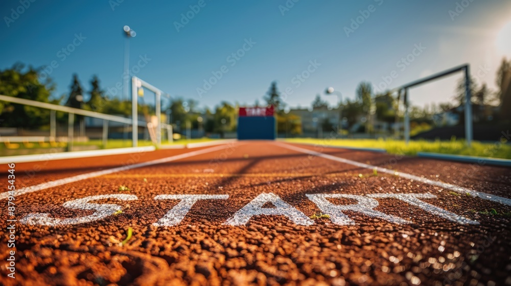 Red Running Track with Start Line Closeup at Sunny Day Red Running Track with Start Line Closeup at Sunny Day