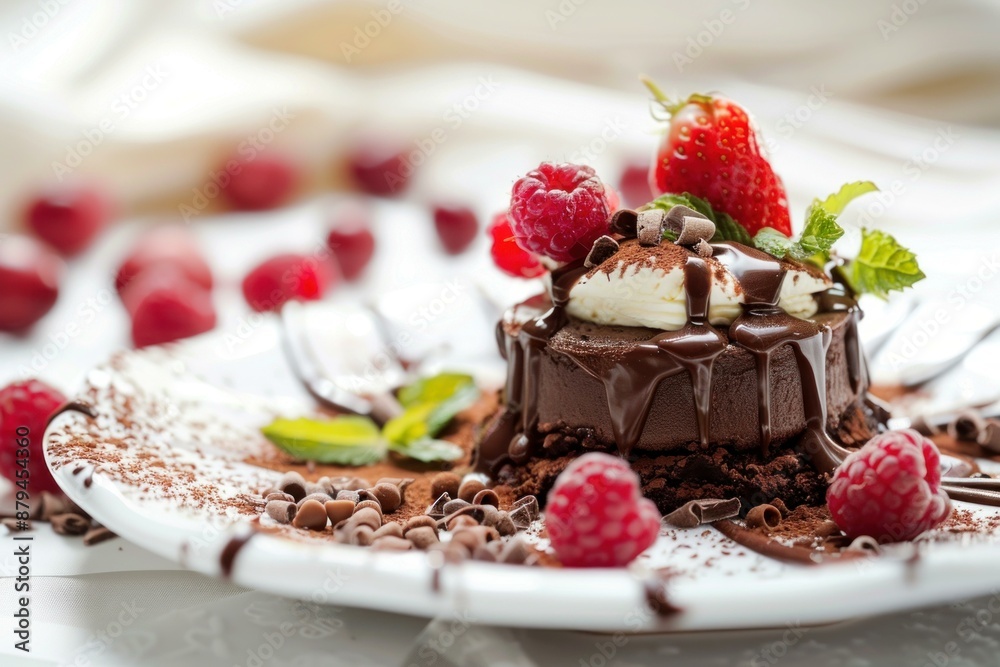 Chocolate cake is presented on a plate, decorated with fresh fruit and drizzled with chocolate sauce Chocolate cake is presented on a plate, decorated with fresh fruit and drizzled with chocolate sauce