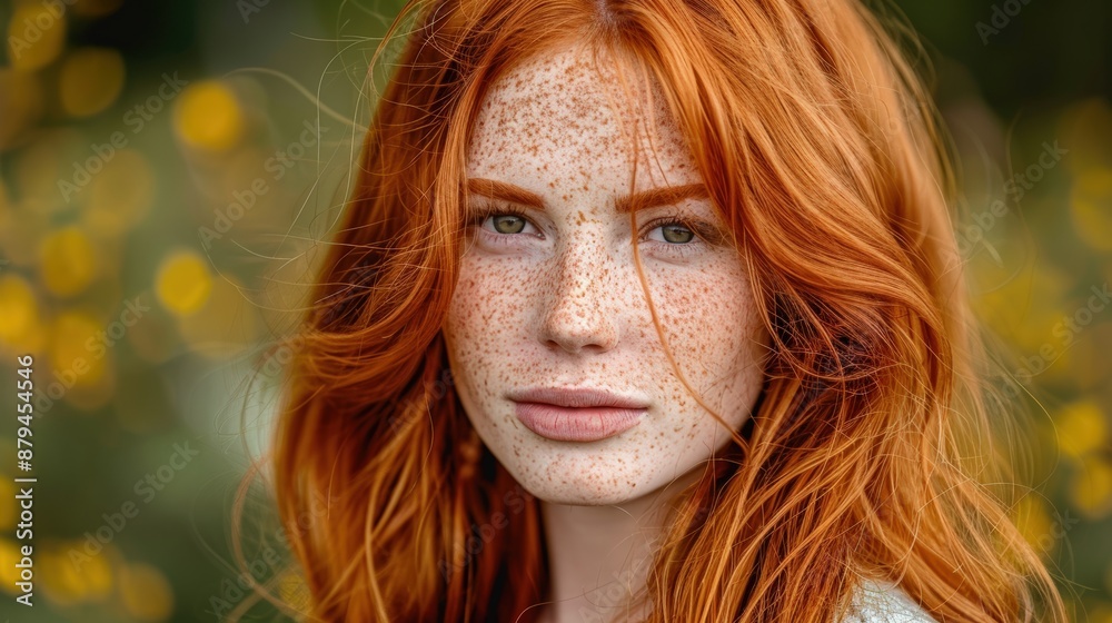 Redhead Woman with Freckles Looking at the Camera in a Natural Setting Redhead Woman with Freckles Looking at the Camera in a Natural Setting