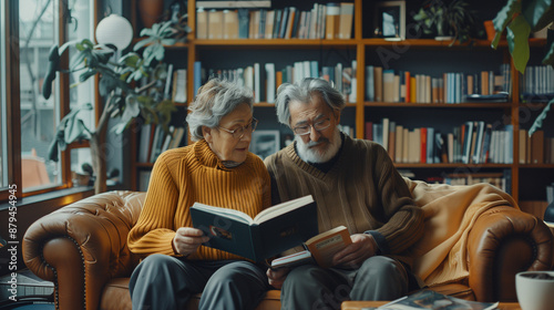 Wallpaper Mural Older couple enjoying books in a minimalist, bright living room, highlighting a calm and intellectual atmosphere.

 Torontodigital.ca