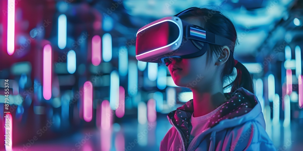 Teen Generation Alpha in cybercore attire wearing VR headset in digital world. Concept Generation Alpha, Cybercore Attire, VR Headset, Digital World, Teenagers Teen Generation Alpha in cybercore attire wearing VR headset in digital world. Concept Generation Alpha, Cybercore Attire, VR Headset, Digital World, Teenagers