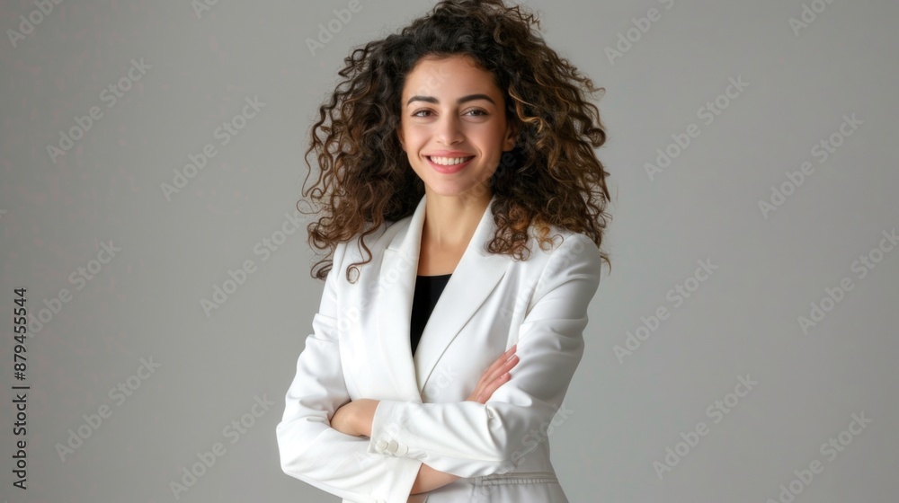 portrait of a beautiful business woman with curly hair wearing a white suit portrait of a beautiful business woman with curly hair wearing a white suit