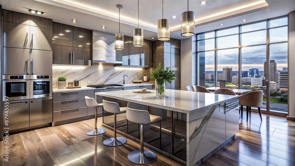 Modern luxury apartment interior features sleek high-gloss finishes, sophisticated lighting, and a state-of-the-art kitchen with refined marble countertops.