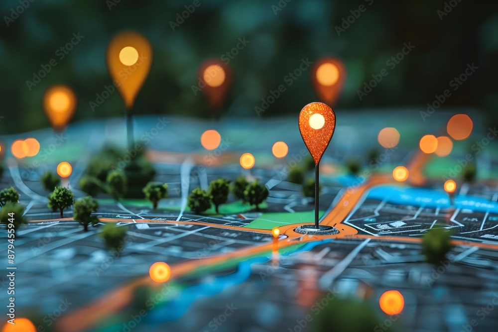Illuminated Map with Pinpoint Markers Highlighting Key Locations Illuminated Map with Pinpoint Markers Highlighting Key Locations