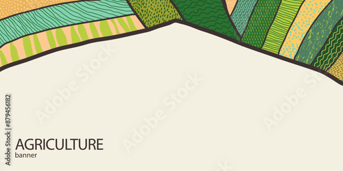 Agriculture farm green banner. Organic abstract field background. Wavy green lines, advertising backdrop, web header. Ecology wallpaper. Striped textured pattern. Panoramic meadow view, abstract hill