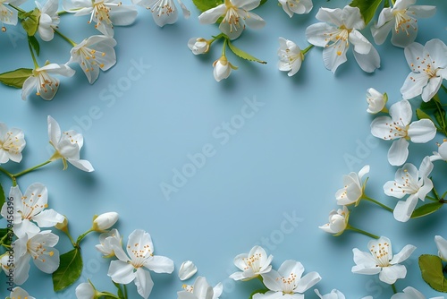 Delicate White Blossoms Arranged in a Heart Shape on a Soft Blue Background