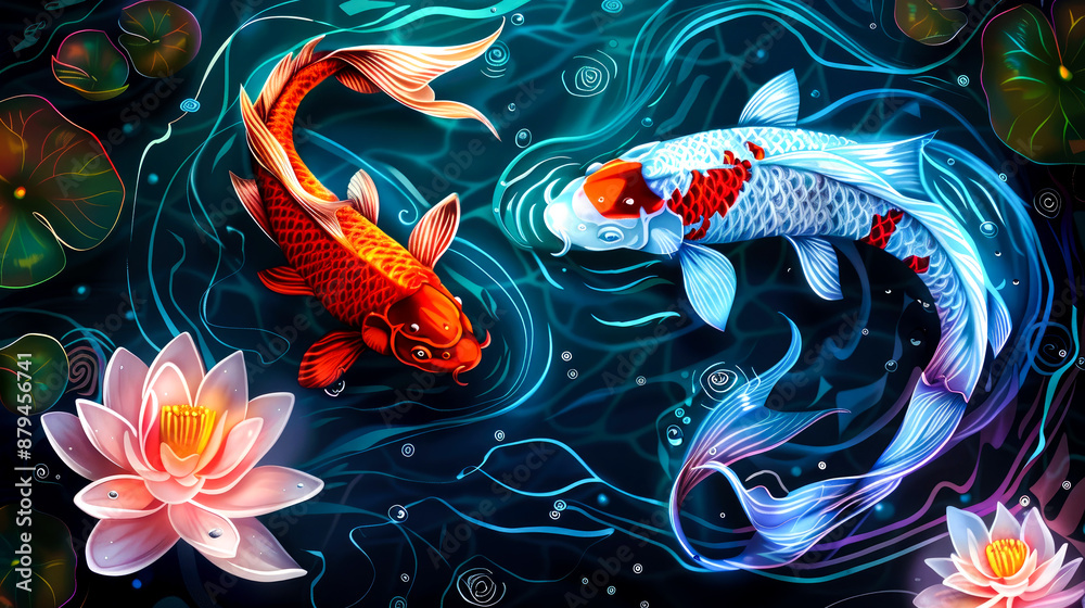 illustration art fish koi in the water with lotus illustration art fish koi in the water with lotus