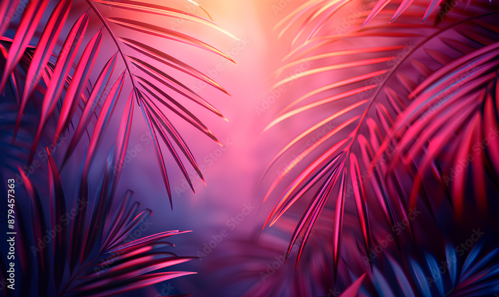 Pink and blue tropical palm leaves bathed in warm sunlight Pink and blue tropical palm leaves bathed in warm sunlight