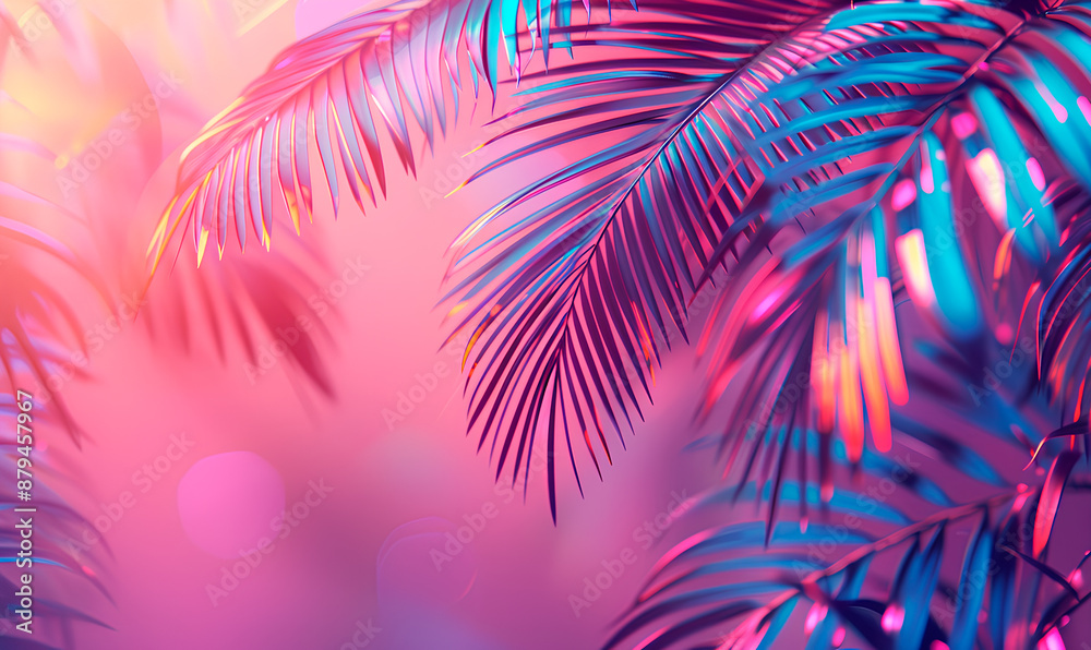 Palm fronds illuminated by a pink sunset, with blurred bokeh lights in the background Palm fronds illuminated by a pink sunset, with blurred bokeh lights in the background