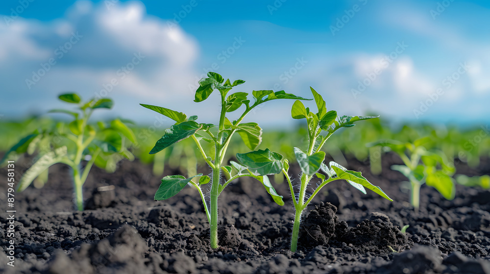 A green plant sprout rising from the black soil. A green plant sprout rising from the black soil.
