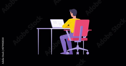 Male developer user business employee working on computer sitting at workplace in home or office flat animation with alpha channel