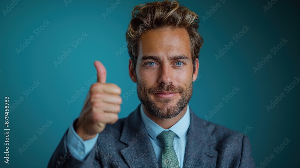 formal businessman giving thumb up like signal isolated on blue background formal businessman giving thumb up like signal isolated on blue background