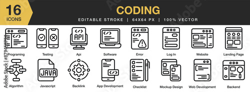 Set of 16 Coding icon set. Editable Stroke Icon Collection. Includes algorithm, api, backend, error, javascript, landing page, and More. Outline icons vector collection.