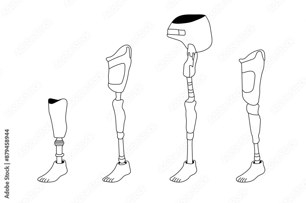 Leg prosthesis line art set , artificial foot for orthopedic rehabilitation, bionic implant, exoskeleton.