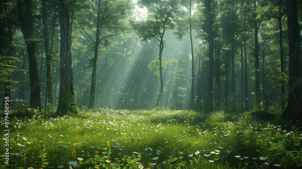 Fototapeta premium Tranquil Forest Clearing with Wildflowers and Sunlight Filtering Through Trees - Rejuvenating Nature Photography