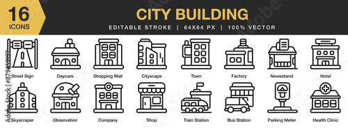 Set of 16 City Building icon set. Editable Stroke Icon Collection. Includes bus station, company, hotel, parking meter, factory, and More. Outline icons vector collection.