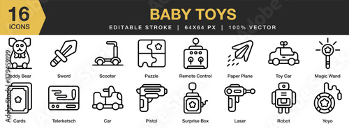 Set of 16 Baby Toys icon set. Editable Stroke Icon Collection. Includes car, laser, robot, magic wand, teddy bear, scooter, and More. Outline icons vector collection.