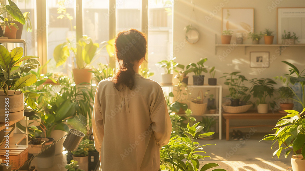 Nurturing plants in a minimalist, well-lit living space, showcasing a calm routine of caring for indoor greenery.
Nurturing plants in a minimalist, well-lit living space, showcasing a calm routine of caring for indoor greenery.