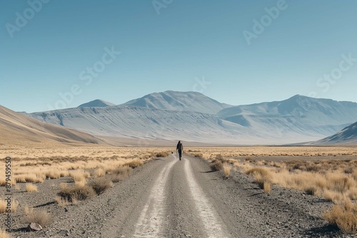 lone hiker on a vast empty trail with a clear sky