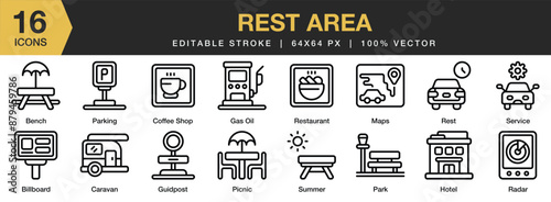 Set of 16 Rest Area icon set. Editable Stroke Icon Collection. Includes bench, coffee shop, gas oil, hotel, parking, park, and More. Outline icons vector collection.