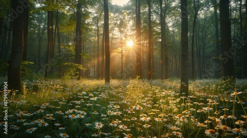 Tranquil Forest Clearing with Wildflowers and Tall Trees Bathed in Sunlight | Rejuvenating Nature Photography with Fujifilm X100F photo