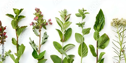 Adaptogenic herb collection with Ashwagandha Rhodiola Holy Basil on white background. Concept Adaptogenic Herbs, Ashwagandha, Rhodiola, Holy Basil, White Background, Herb Collection