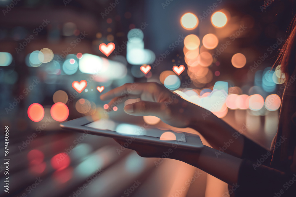 Obraz premium The hand of a woman using a tablet with social media icons and like, love symbols floating on the screen over a blurred city street background at night.