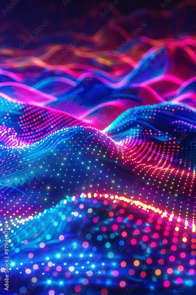 Undulating waves of neon light in contrasting colors against a dark background, resembling a digital sea of light. 