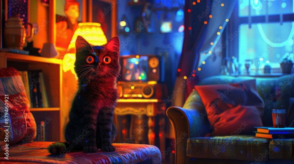 Perplexed cat looking around at home, cozy living room with warm ambient lighting, curious and inviting atmosphere