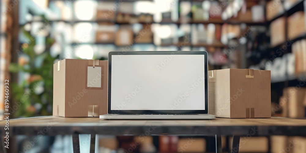 Laptop mockup on desk in online store setting with delivery box. Concept E-commerce, Mockup Display, Online Shopping, Delivery Package, Technology Laptop mockup on desk in online store setting with delivery box. Concept E-commerce, Mockup Display, Online Shopping, Delivery Package, Technology
