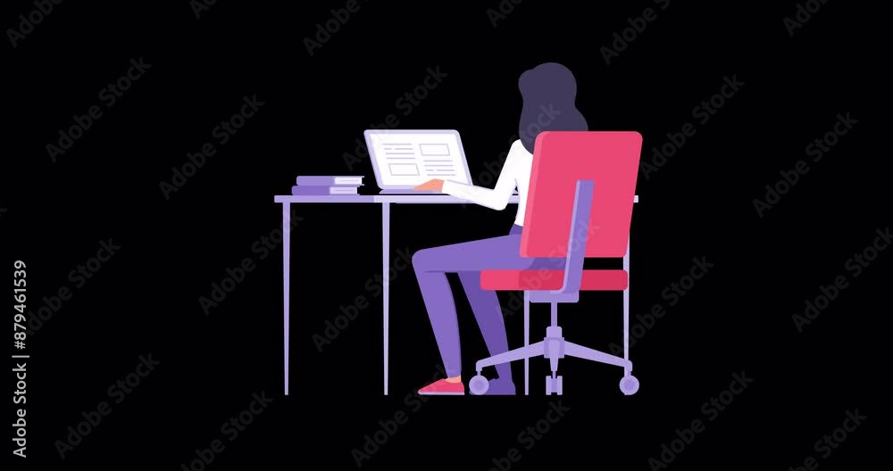 Back view female student online elearning distance education sitting desk laptop with stack of books flat animation with alpha channel