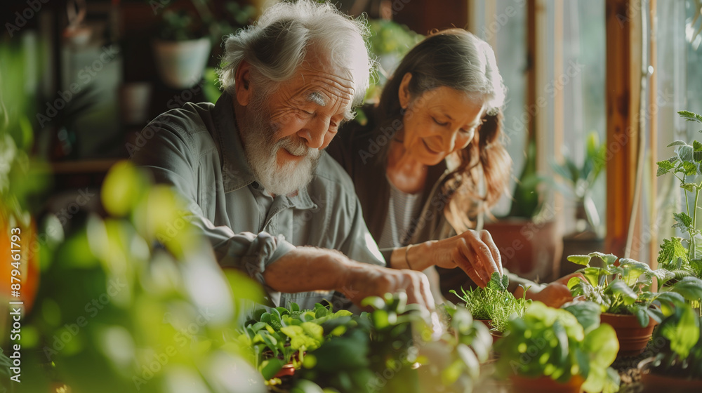 custom made wallpaper toronto digitalElderly couple gardening in a minimalist, sunlit home, demonstrating love and an active lifestyle.
