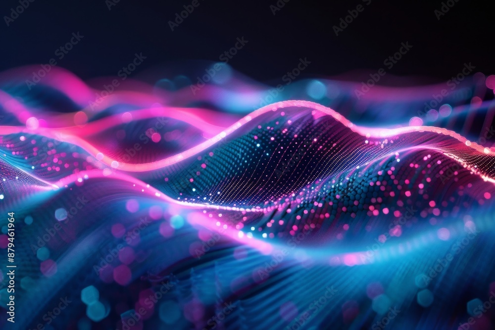 Undulating waves of neon light in contrasting colors against a dark background, resembling a digital sea of light. Undulating waves of neon light in contrasting colors against a dark background, resembling a digital sea of light.