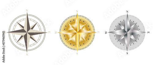Three bright vector compasses on a white background. Wind rose, navigation equipment.