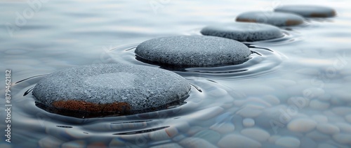 a line of smooth round steeping stones on water
