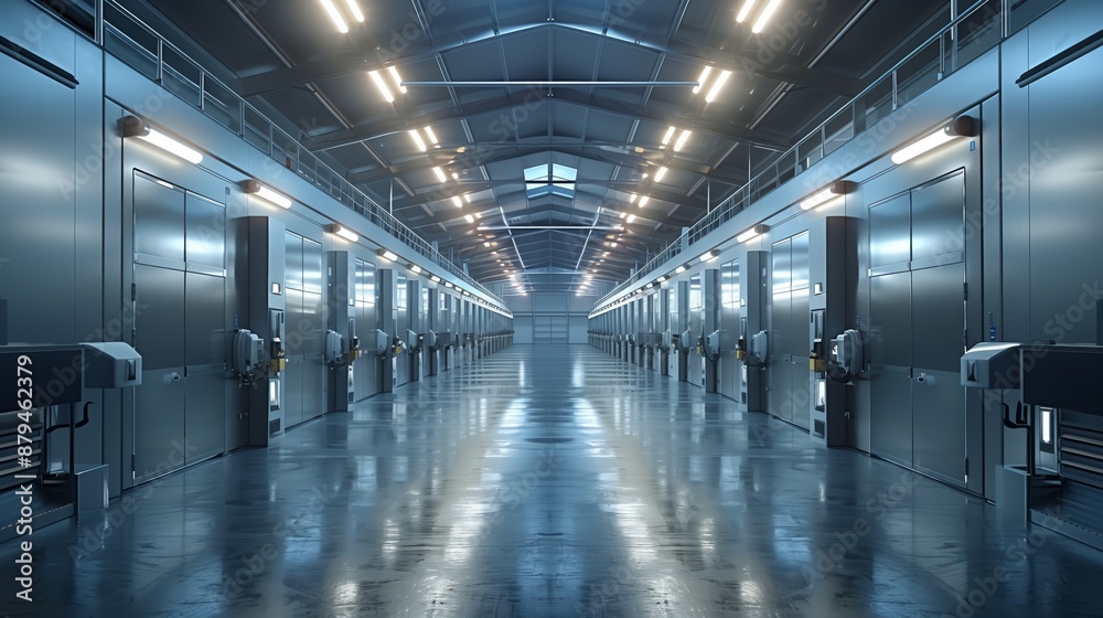 Industrial Warehouse with Advanced Equipment. Large industrial warehouse equipped with advanced machinery and lighting, showcasing a modern, efficient setup for manufacturing. Industrial Warehouse with Advanced Equipment. Large industrial warehouse equipped with advanced machinery and lighting, showcasing a modern, efficient setup for manufacturing.