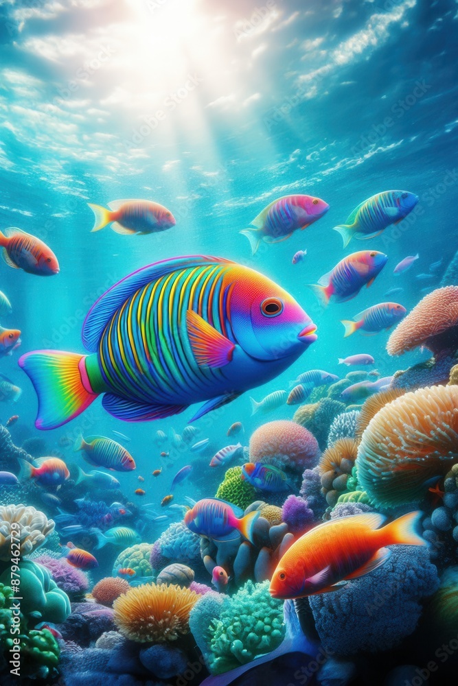 Fototapeta premium Beautiful Thalassoma lunare, commonly known as the Moon Wrasse rainbow fish underwater in the tropical waters of the ocean. They are characterized by their bright and vibrant coloration
