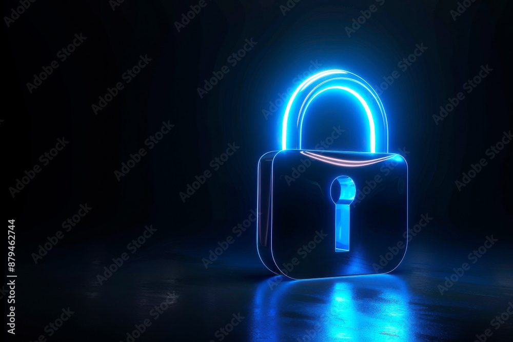 A brightly glowing neon lock icon against a dark background, symbolizing security and protection in the digital age with a futuristic design. A brightly glowing neon lock icon against a dark background, symbolizing security and protection in the digital age with a futuristic design.