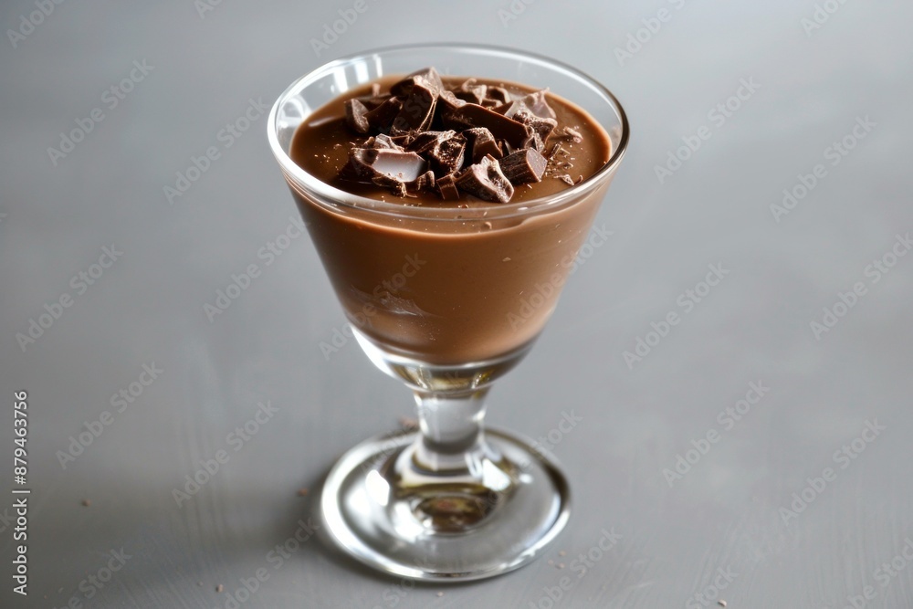 Delicious chocolate mousse dessert in elegant glass being topped with chocolate shavings Delicious chocolate mousse dessert in elegant glass being topped with chocolate shavings