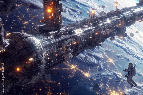 Fototapeta Naklejka Na Ścianę i Meble -  A futuristic space station orbiting a distant planet