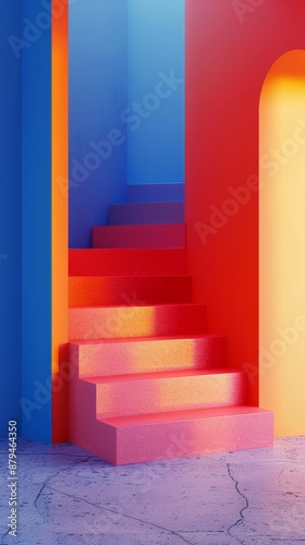 A staircase with pink and red steps is shown in a room with blue walls
