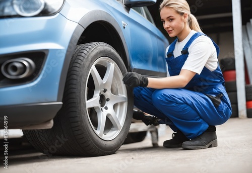 female car mechanic who is changing tires on a car at the tire shop