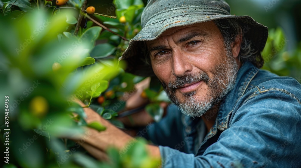 A botanist in a casual hat and denim shirt closely studies the foliage, emphasizing a commitment to science, nature's beauty, and ecological awareness in a lush, green setting. A botanist in a casual hat and denim shirt closely studies the foliage, emphasizing a commitment to science, nature's beauty, and ecological awareness in a lush, green setting.