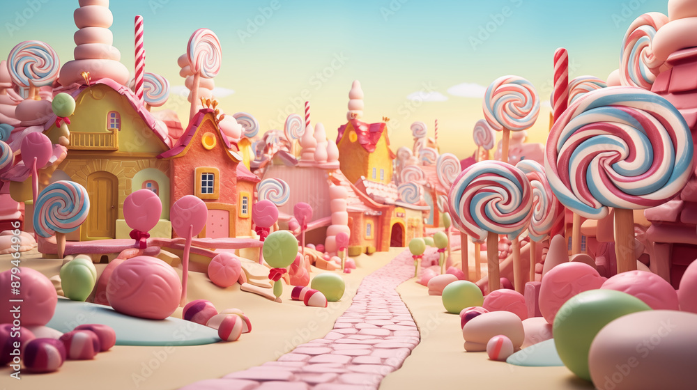 Candy Village with Lollipop Trees Colorful Candyland Houses Candy Village with Lollipop Trees Colorful Candyland Houses