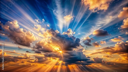 Dramatic skies ablaze with ethereal light, radiant beams illuminate wispy clouds, fostering an atmosphere of serene optimism and emotive wonder.