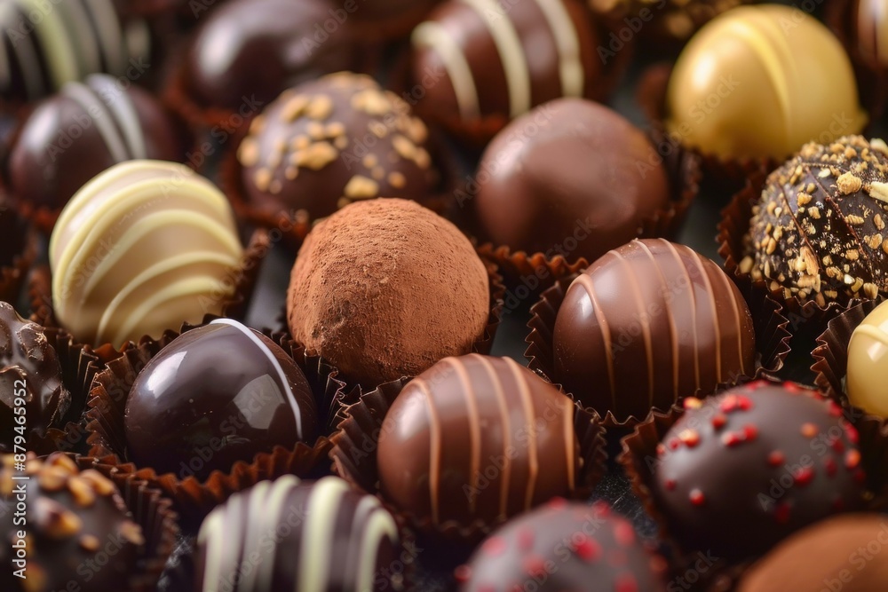 Close up view of an assortment of fine chocolates, featuring a variety of flavors and toppings Close up view of an assortment of fine chocolates, featuring a variety of flavors and toppings