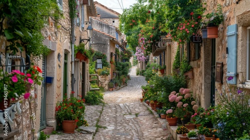 A quaint European village, narrow streets lined with charming old buildings and flower boxes